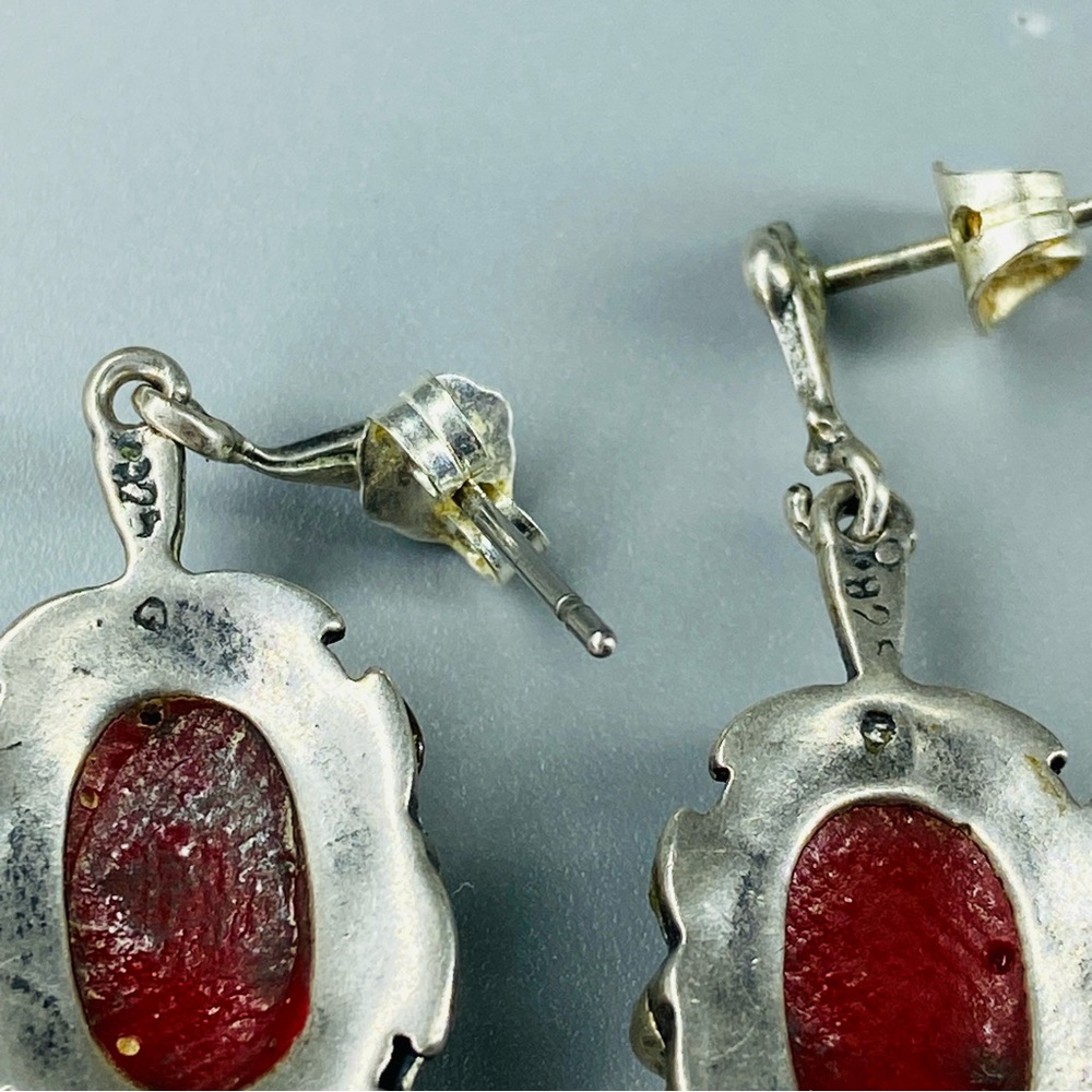 Vintage Sterling Silver Coral Red Cabochon & Marcasite Stones Earrings 1980s - Picture 7 of 16